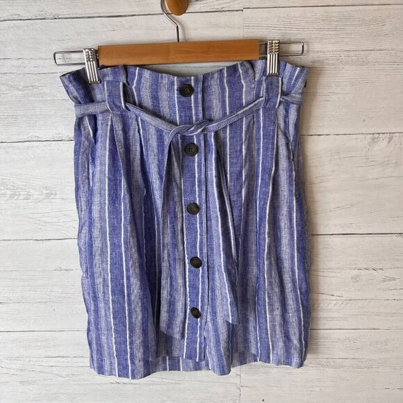 H&M Skirt Size Large Blue & White Linen Blend Striped Faux Buttons Belted Mini - Picture 3 of 16